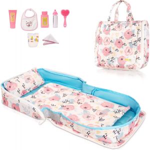 TDRFL-Lit Pour Poupée-Berceau Portable Pour Poupée-Pour Poupées Jusqu'À 53 Cm-Sac À Main Pour Fille-Ensemble Pour Poupée-Roses Roses - Neuf