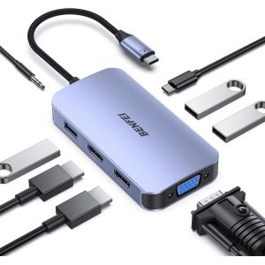 Hub USB C MST 8 en 1 avec USBC vers 2 HDMI/1 VGA, vers 3 Ports USB 3.0/100 W/Audio auxiliaire 3,5 mm, Compatible avec iPhone 15 Pro/Max, MacBook Pro 2023/2022/2021/2020, Surface Book et Plus - Neuf