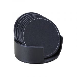 Lot De Sous-Verres En Similicuir (6 Sous-Verres + 1 Torr), Noir, Rond - Neuf