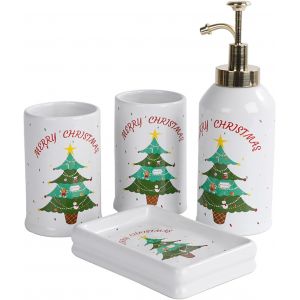 4 pièces Noël Accessoires de Salle de Bain-Distributeur de Savon,Support de Brosse à Dents,Gobelet,Porte-Savon,Céramique Ensemble d'accessoires de Salle de Bain,Sapin de Noël - Neuf