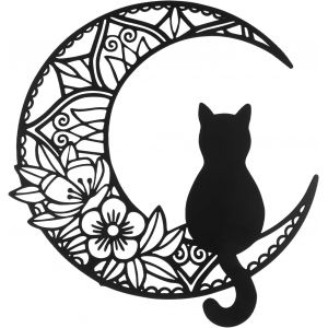 Chat Noir et Lune Art Mural, Décoration Murale en Métal de 13"", Phases Lunaires, Silhouette de Chat à Suspendre - Neuf