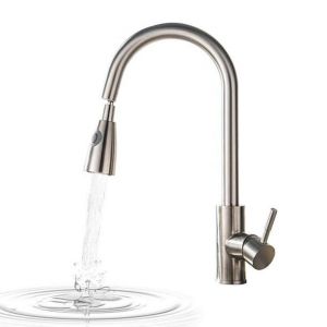 Robinet de cuisine extractible avec 2 jets, robinet de lavabo &agrave; bec haut, douchette extractible, valve en c&eacute;ramique, finition nickel bross&eacute;, pivotant &agrave; 360&deg; - Neuf