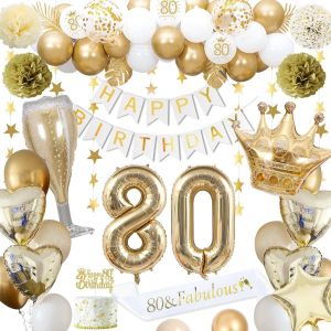 TRAHOO-Décorations anniversaire 80 ans, décorations anniversaire or 80 ans pour homme femme bannière HAPPY BIRTHDAY ballons numéro 80 ballons couronne étoile c?ur - Neuf