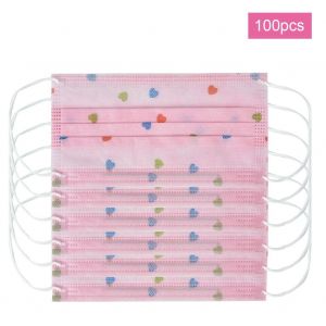 Lot De 100 Masques Buccaux Jetables Anti-Poussiere, Imprimes Mignons (Rose/Cour) - Neuf
