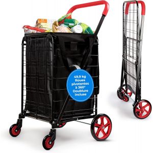 MEVRONISSHOP-Chariot de Courses - Caddie de Courses Pliable avec Roues Pivotantes &agrave; 360&deg;- Capacit&eacute; de 50 kg - Chariot &agrave; roulettes Portable et R&eacute;tractable pour Achats, Linge, Bagages - Rouge - Neuf