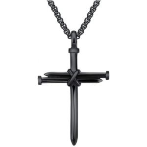 Kal-Collier Croix Gothique Pendentif Religieux Cha&icirc;ne Maille V&eacute;nitienne Bijoux Homme Accessoire Symbolique Noir - Neuf