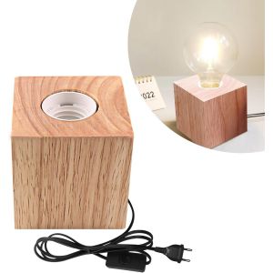 Kal-Lampe De Table Cube Bois, Lampe De Chevet E27 Base En Bois, Petite Lampe De Chevet Avec Base En Bois, Prise Ue Base En Bois E27 Parfaite Pour Chambre/Salon/Bureau (Sans Ampoule) - Neuf