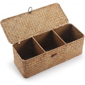 Panier de rangement en jonc de mer avec couvercles rectangulaires Coffre en osier avec compartiment pour ranger papier toilette, collations, jouets - Neuf