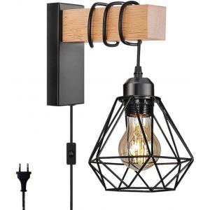 Ulteronixshop-Applique Murale Int&eacute;rieure En Bois Avec Prise Et Interrupteur,E27 Applique Industrielle Avec Abat-Jour Cage M&eacute;tallique Pour Chambre,Couloir Eclairage D&eacute;coratif Applique Murale(Sans Ampo - Neuf