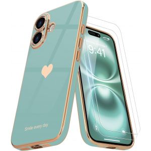 Eryi-Coque Compatible Avec Iphone 16 Plus + 2 Films De Protection D'écran, Coque Pour Fille, Coque De Protection D'appareil Photo Galvanisée Pour Iphone 16 Plus, Cyan - Neuf
