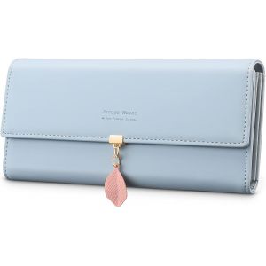 Bleu clair - Portefeuille femme en cuir, porte-monnaie, grand porte-chéquier avec pendentif feuille zippé, porte-cartes, poche pour téléphone - Neuf