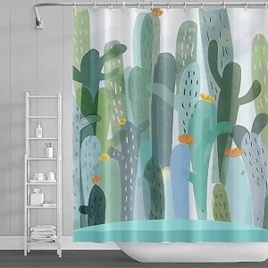 Rideau De Douche 150 X 180 Cm, Motif Cactus Succulents, Plantes Vertes, Motif Floral, Rideau De Douche Pour Salle De Bain, Tissu Polyester Imperméable Avec Crochets - Neuf