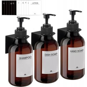 ERYI-3 Pièces Distributeur Savon Mural, Distributeur De Savon 500Ml Avec Étiquettes No Perçage Pour Cuisine Et Salle De Bain -Marron - Neuf