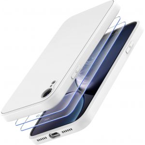 Kal-Coque Pour Iphone Xr, 2x Verre Trempé Protection Écran, Silicone Liquide Souple Antichoc Bumper Etui Doublure En Microfibre Housse Anti-Rayures Cover Case Pour Iphone Xr -6.1 Pouces -Blanc - Neuf