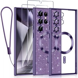 SJZG-Glitter Magn&eacute;tique Pour Samsung Galaxy S24 Ultra 5G Con Cordon, [Compatible Avec Magsafe] Antichoc Brillant Paillet&eacute; Couqe Pour Samsung S24 Ultra 5G Avec 2 Pi&egrave;ces Verre Tremp&eacute; &Eacute;tui, Violet - Neuf
