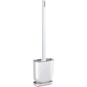 Ensemble brosse WC et support en silicone avec long manche en plastique antidérapant et poils souples et flexibles - Base anti-goutte - Brosse murale - Nettoyage en profondeur (1 paquet blanc) - Neuf