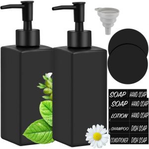KAL-Lot De 2 Distributeurs De Savon Noir, 350 Ml, Bouteilles En Verre Pour Salle De Bain, Porte-Savon Noir, Convient Pour Cuisine, Salle De Bain, Main, Lavage, Lessive, Distributeur De Savon De - Neuf
