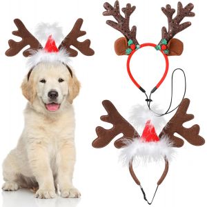Jgd-2pcs Bandeau De No&euml;l Pour Animal De Compagnie, Brun Bandeau De Bois De Renne Ajustable Avec Rouge Bonnet De Noel Pour Chien Et Chat, Accessoires Pour Animaux De No&euml;l - Neuf