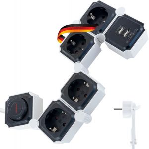 660081 Bloc multiprise Flexible 6 Prises Schuko USB Multiprise Interrupteur Marche/arrêt Câble de 1,5m Mobile et Rotatif Bloc multiprise Noir - Neuf