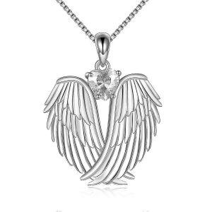 Collier Ailes D'ange 925 Argent Sterling Gardien Ailes Pendentif Pierre De Naissance Collier (Blanc) - Neuf