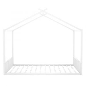 Lit jeune lit cabane lit 140x200 cm lit plat lit &agrave; cadre en fer lit d'enfant barre de maison blanc - Neuf