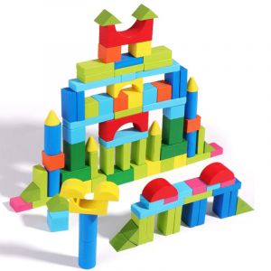 100 blocs de construction en bois - Jouet d'éveil - Blocs et construction - 2 ans et plus - Coffret de 100 pièces - Cadeau pour garçon ou fille - Neuf