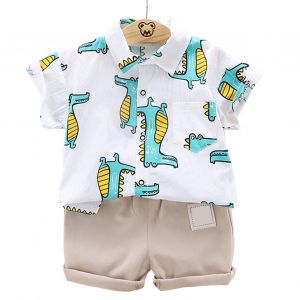 Ensemble De Costume Pour Garcon, Chemise A Manches Courtes Et Short, Motif Animal De Dessin Anime, Tenues Pour Enfants, Vert Clair, 90 Cm/35,4 Pouces - Neuf