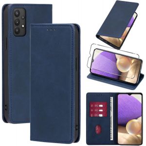 KAL-Coque Cuir Pour Samsung Galaxy A32 4G 6.4"" Avec 1 Verre Trempé Etui À Rabat En Pu Porte-Cartes Portefeuille Support Flip Housse Magnétique Antichoc Anti-Rayures Case,Bleu - Neuf
