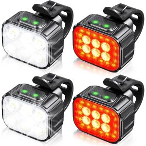 Lumiere Velo Avec Spot Et Faisceau D'inondation, Rechargeable Par Usb Lampe V&eacute;lo Led &Eacute;tanche Ip65, 2 X 4 + 2 X 6 Modes De Luminosit&eacute; Eclairage Velo Avant Et Arri&egrave;re Pour Cyclysme Vtt - Neuf