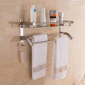 SUBZONAL-Porte Serviette Chrom&eacute; &eacute;tag&egrave;re Serviette Barres Porte-Serviettes en Acier Inoxydable &eacute;tag&egrave;re Serviette Salle de Bain Porte Serviettes avec &eacute;tag&egrave;re et Crochet Mural 59 cm - Neuf
