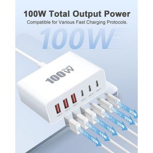 Chargeur Usb C, 100w 6 Ports Prise Usb C, Chargeur Rapide Phone, Multiprise Type C Power Adaptateur Pour Phone 16 15 14 13 12 11 Pro Max X Xs Xr 8 7 6s Plus Mini Se, Samsung Galaxy, 1-Pi&egrave;ces-Blanc - Neuf