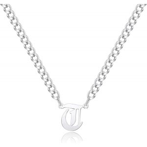 Tianyi-Gothique Collier Initiale, Chaine Acier Inoxydable Collier Homme Initiale A-Z Lettre Nom Argent Cha&icirc;ne Cubaine Alphabet Pendentif R&eacute;glable 18+2 Inches Bijoux Homme - Neuf
