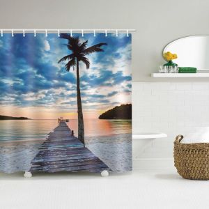 HJLIAN Rideau de douche impermeable en polyester avec motif bord de mer et crochets de suspension - Neuf