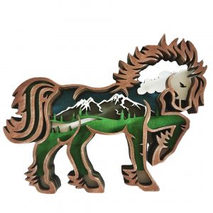 Figurine de cheval multicouche creuse en bois, sculpture animale totem avec éclairage LED pour la maison - Neuf