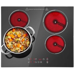 Checarzhn--No1-Plaque Vitrocéramique 4 Feux, 60cm, 6000w, 9 Niveaux De Puissance, Minuterie 1-99 Min, Noir, Pour Toutes Les Casseroles - Neuf