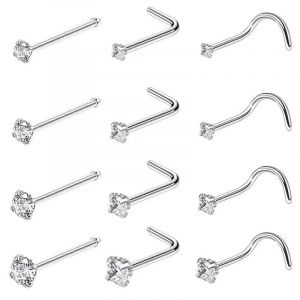 Lot De 12 Piercings De Nez En Acier Chirurgical, 20 G, 0,8 X 6,5 X 1,5 Mm, Forme L, Tige Droite Incrustée, Pour Femmes Et Hommes - Neuf