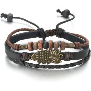 Kal-Homme Femme Multi-Brin Cuir Tressé Brun Coton Sangles Envelopper Bracelet Avec Chouette Et Perle Charmes - Neuf