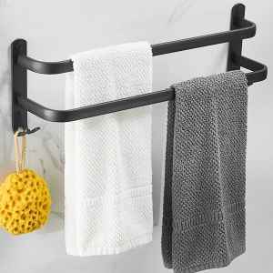 SUBZONAL-Porte Serviette Murale,Porte Serviette Salle de Bain,Porte-Serviettes Adh&eacute;sif Noir Mat, Porte-Serviettes en Alliage d'Aluminium Non Perfor&eacute; (50cm, Double Bars) - Neuf