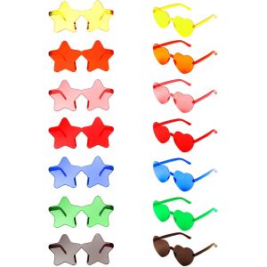 Mevronisshop-14 Paires Lunettes De F&ecirc;te, Lunettes En Forme De Coeur Et Forme D'&eacute;toile, Lunettes Soleil Hippie Sans Monture, Lunettes De Soleil Transparentes Multicolores Pour F&ecirc;te D'anniversaire, Car - Neuf