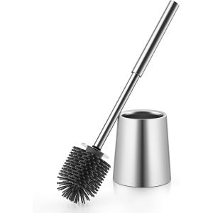 Ensemble de Brosse WC Brosse de Toilette fiable et hygi&eacute;nique avec Support et poign&eacute;e en Acier Inoxydable Poils en Silicone de qualit&eacute; sup&eacute;rieure Argent bross&eacute; - Neuf