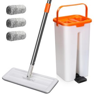Moiuy-Balai Microfibre Et Seau Essoreur Mop Plat Rotatif Et Seau Auto-Essorage Petit&léger Avec Mains Libres Vadrouille Pour Nettoyage De Sol Humide & Sec Avec 3 Serpillères (Orange) - Neuf