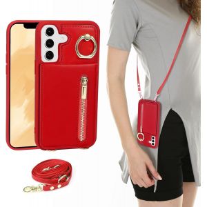 ERYI-Coque Pour Samsung Galaxy S25 Sangle Réglable Pour Femme Étui Avec Zippé Portefeuille Avec Porte Carte Rfid Pochette Housse En Cuir Avec Réglable Anneau-Rouge - Neuf