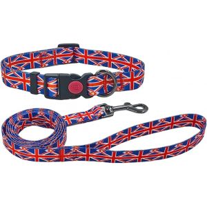 Ensemble Collier Et Laisse Pour Chien - Motif Drapeau Du Royaume-Uni - Mat&eacute;riau En Polyester - Laisse Assortie De 150 Cm - Pour Chiens De Taille Moyenne (M, Drapeau Britannique) - Neuf