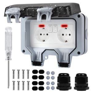 Prise De Ext&eacute;rieure Prise Courant, R&eacute;sistante Intemp&eacute;ries Avec Interrupteur Et Voyant Lumineux, Ip66 Prise Courant Murale Approfondir Outdoor Garten Convient - Upgrade Double - Neuf