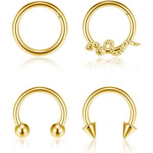 4pcs Piercing Anneau Nez Or Piercing Conch Acier Chirurgical Dor&eacute; Piercing Nez Septum Tragus Oreille Nombril Boucle D'oreille Bijoux Femme Homme Clicker Articul&eacute; Segment - Neuf