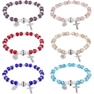 Kal-6pcs Bracelet Extensible En Perles Pour Femmes 6 Couleurs Mode Ethnique Perles Cristal Croix Bracelets &Eacute;lastiques Color&eacute;s Bracelets Croix M&eacute;dailles Cadeaux D'anniversaire Pour Femmes - Neuf