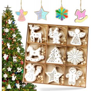 27Pcs Decoration Noel Bois Ornements, Boule En Bois Pendentifs Artisanat Double Couche Couleur-Blanc, Cerf Flocons Suspension Sapin De No&euml;l D&eacute;co Pour Diy F&ecirc;te - Neuf