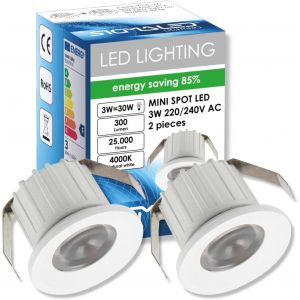 Mini Spot Led 3W, Dimmable, 300Lumen, Blanc Neutre 4000K, Spot Rond Encastrable, 220V / 240V Ca, Driver Non Nécessaire, 2 Spots[AMP748510] - Neuf