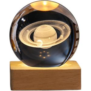 Bnhgc-Boule De Cristal Usb 3d Avec Socle En Bois Système Solaire 3d Avec Led, Décoration De Table, Planète, Veilleuse, Cadeau D'anniversaire, Décoration De Fête (Saturne Avec Socle Carré En Bois) - Neuf