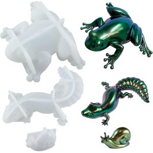 Lot De 3 Moules R&eacute;sine &Eacute;poxy Animaux Moule Silicone Animaux Moule De Coul&eacute;e, Grenouille Moule Silicone Animaux Moule Pour R&eacute;sine Artisanat Ornements D&eacute;corations, Moule &Agrave; L&eacute;zard Moule &Agrave; Escargot - Neuf